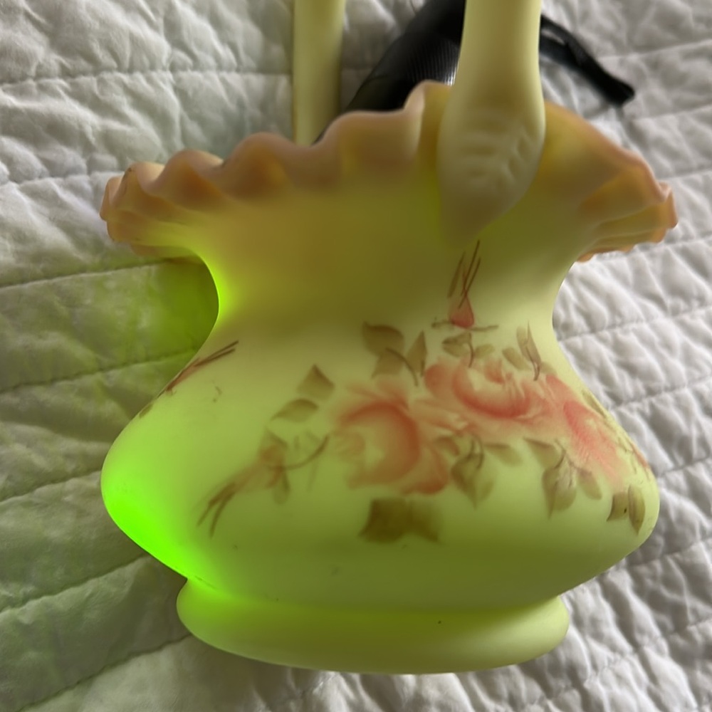 Fenton Yellow Basket with Pink Floral Design - Picture 2 of 6